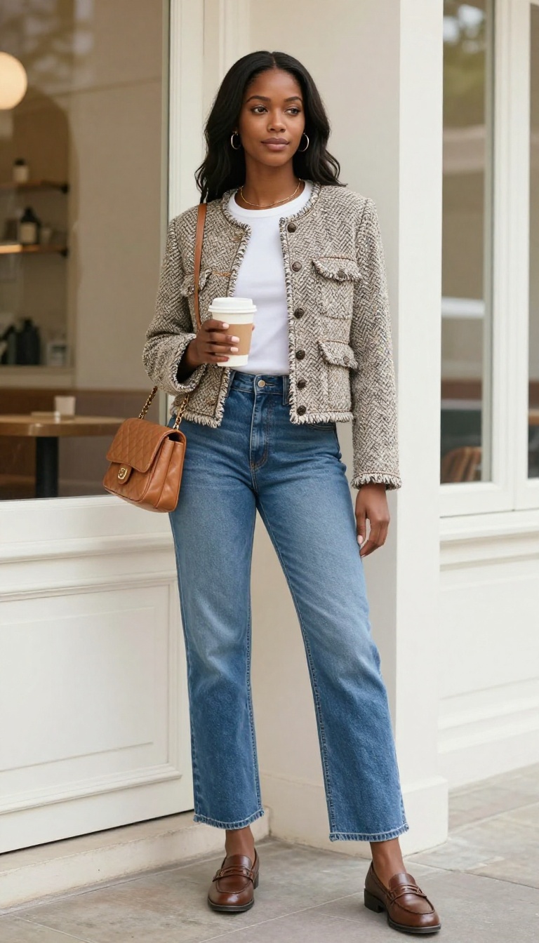 7. The Tweed Jacket and Straight-Leg Jeans