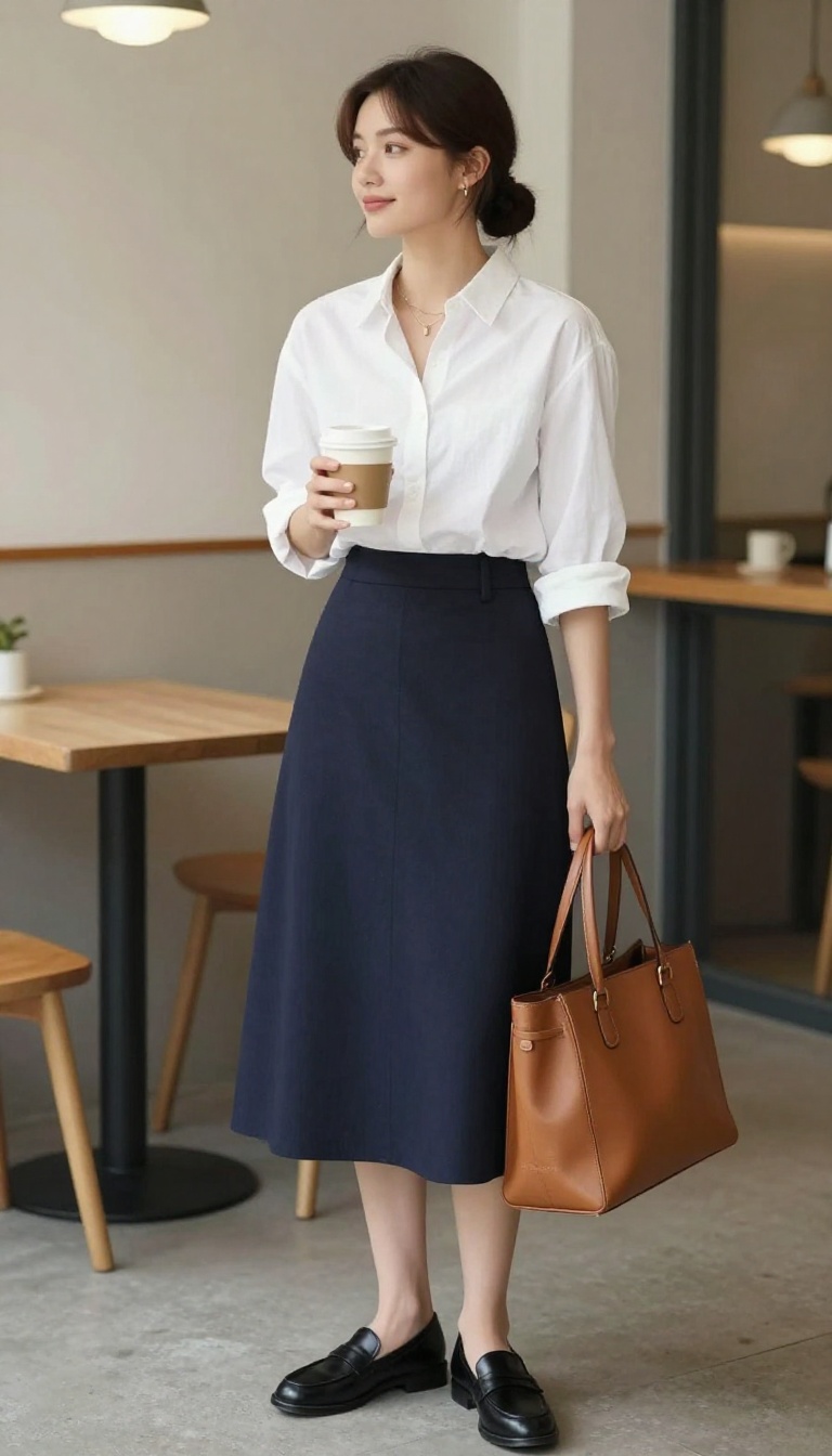 3. The Button-Down Shirt and A-Line Skirt