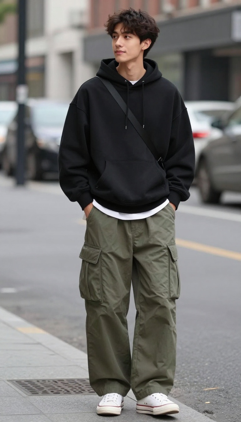 3. Baggy Cargo Pants and a Fitted Hoodie
