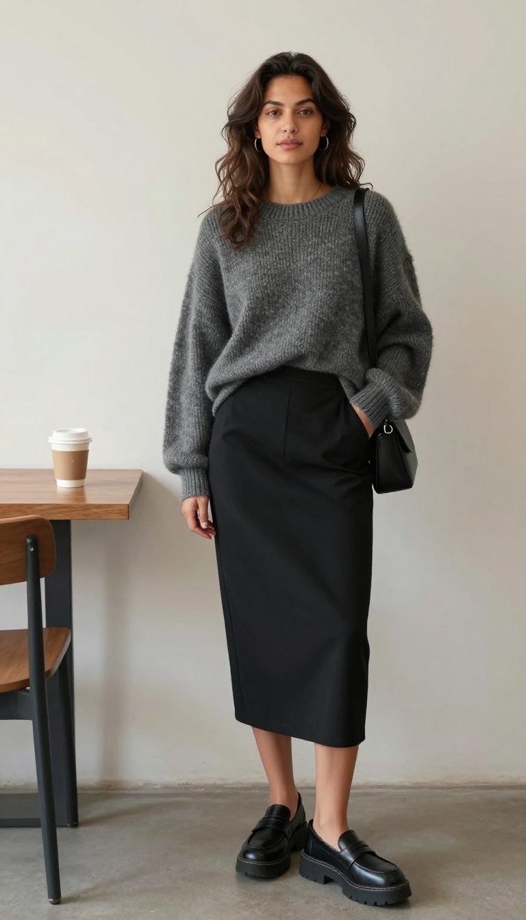 3. Oversized Knit Sweater + Slip Skirt + Loafers