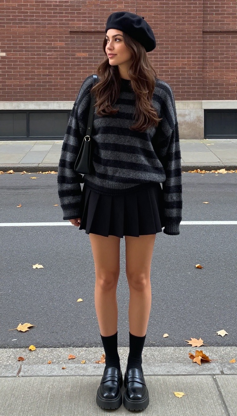 7. Striped Sweater + Pleated Skirt + Knee-High Socks