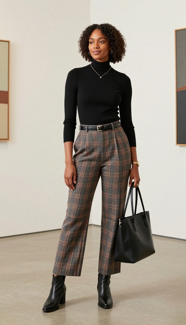 8. The Black Turtleneck and Plaid Trousers