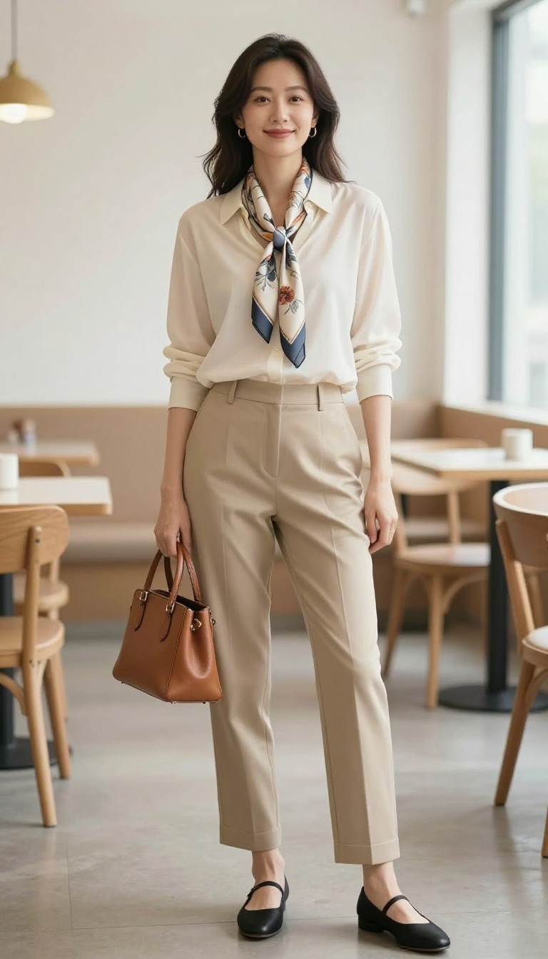 8. Cashmere Cardigan with Silk Scarf and Trousers