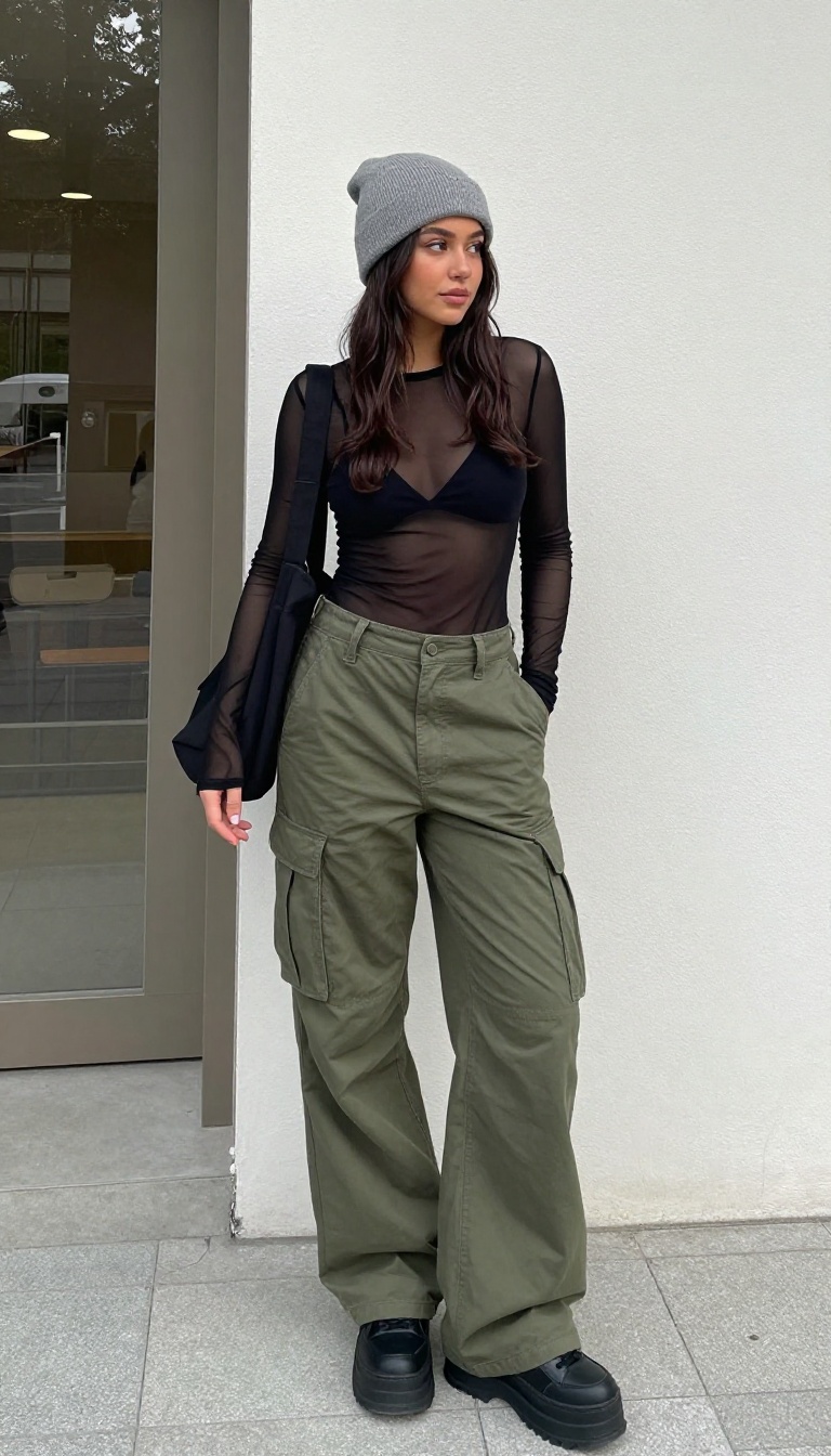 13. Mesh Long-Sleeve + Cargo Pants + Platform Sneakers