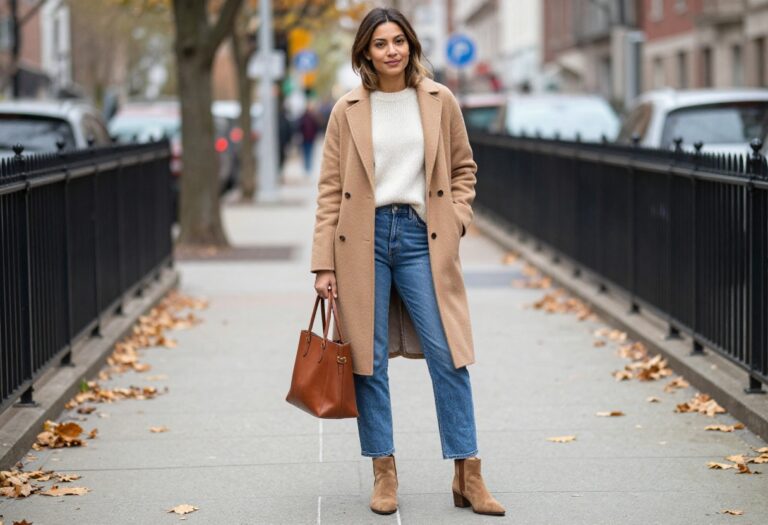 Woman in camel coat and jeans on a fall city street