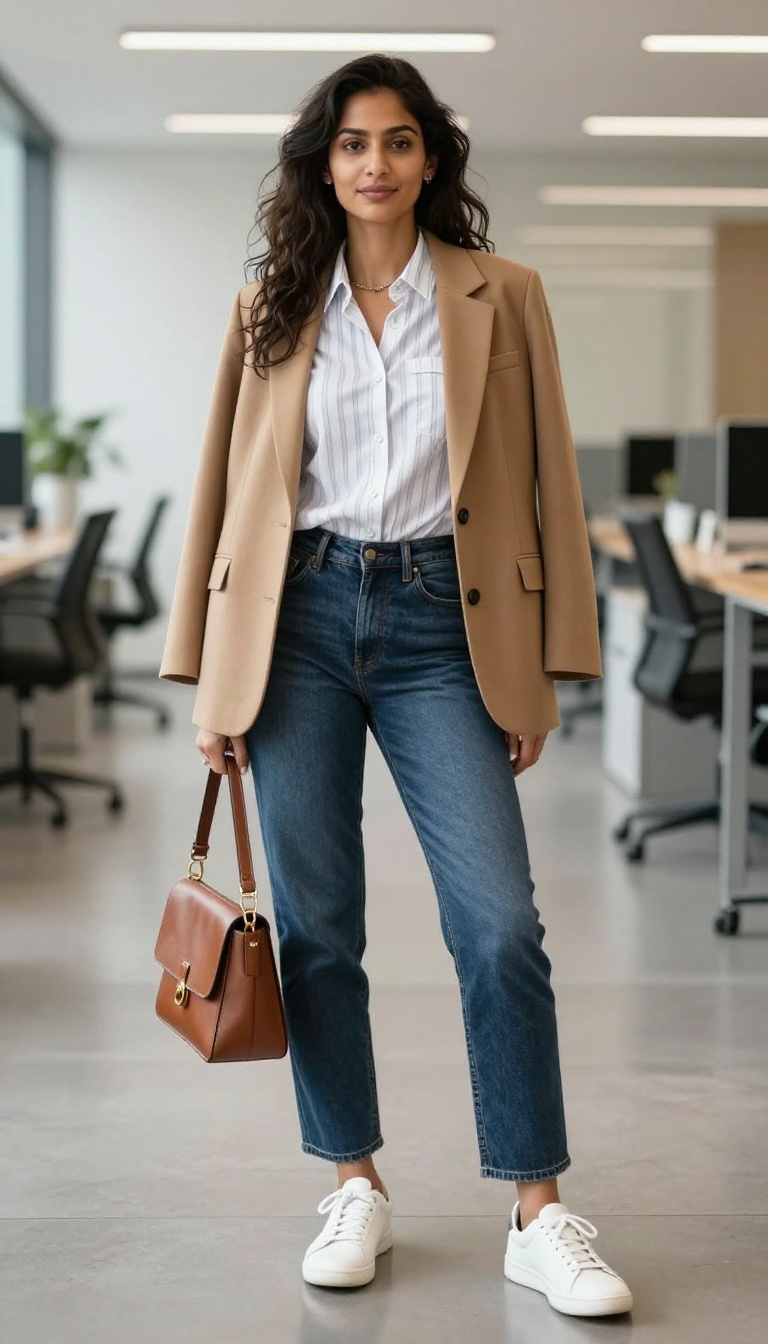 3. Striped Button-Up + Dark Denim