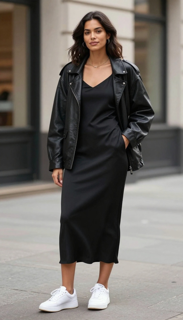 8. Leather Jacket with a Slip Dress