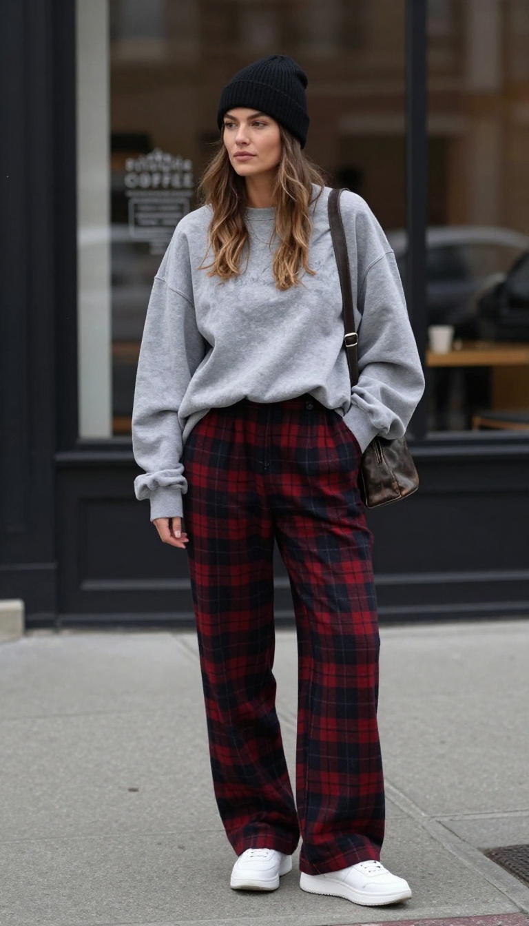 10. Plaid Trousers + Graphic Sweatshirt + Beanie + Sneakers