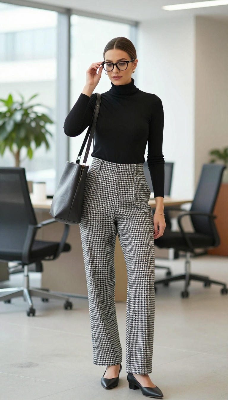 9. High-Waisted Pleated Trousers with a Fitted Turtleneck