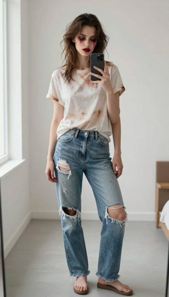 A woman in ripped jeans and a torn shirt with messy hair and zombie makeup takes a mirror selfie, partially covering her face with her phone, in a bright room.