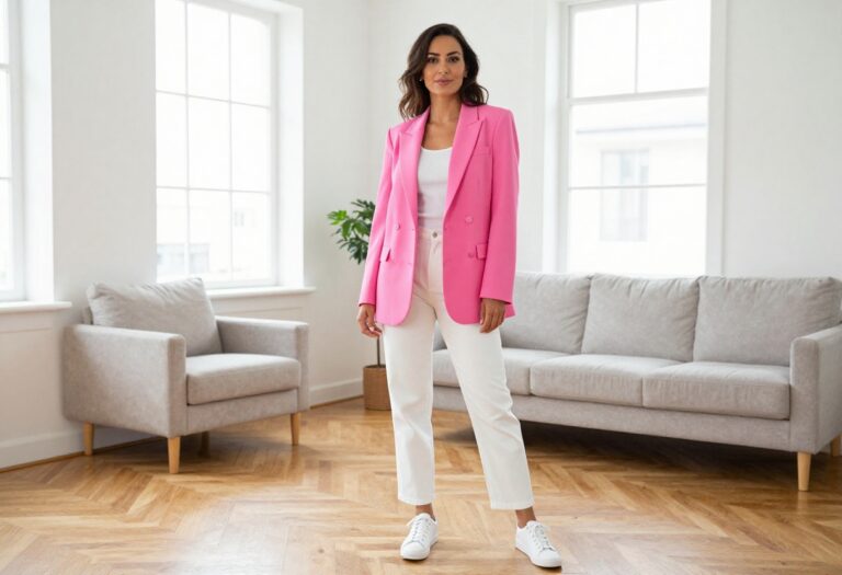 Woman wearing a pink 80s power suit with white trousers and sneakers, standing in a bright living room.