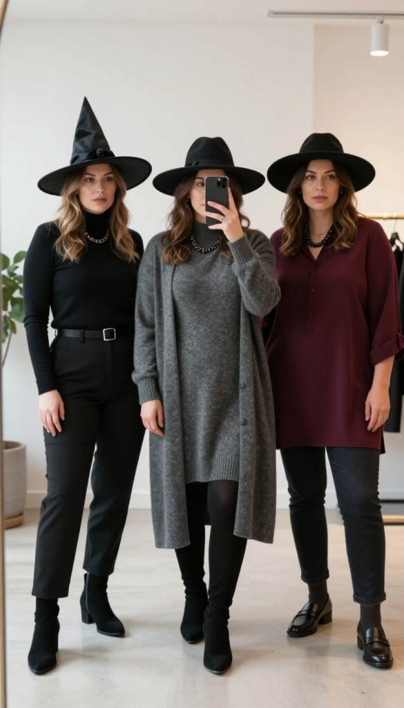 Three women in modern witch costumes: one in black, one in grey, one in burgundy, each wearing a wide-brimmed hat, chunky necklace, and long cardigan, posing in front of a mirror in a bright, stylish room.