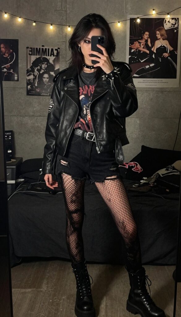 Woman with dark hair wearing a faded band tee, ripped black jeans, and a black leather jacket with patches, taking a mirror selfie in a moody room, punk rock Halloween costume.