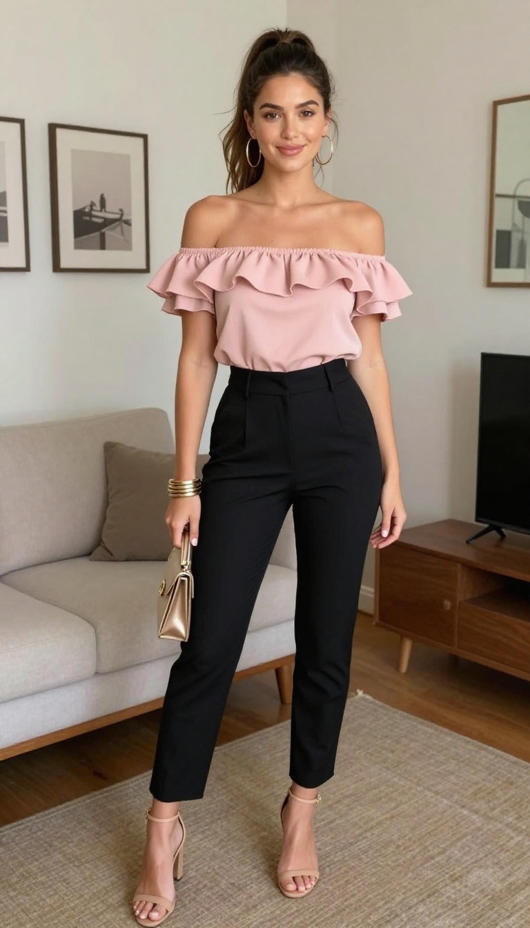 7. Off-the-Shoulder Romance: Ruffled Top and High-Waisted Pants
