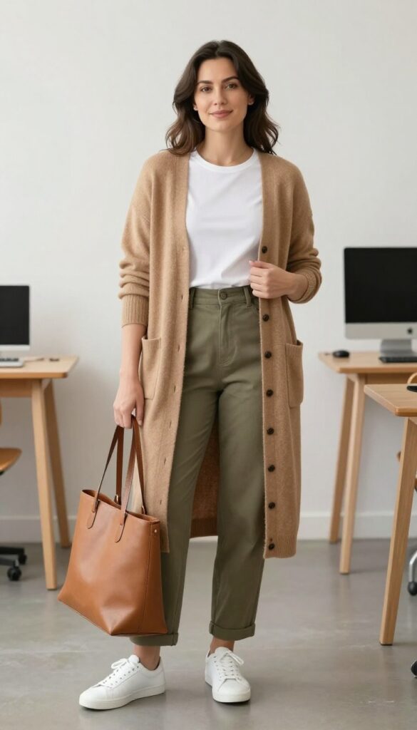 1. The Elevated Cardigan and Straight-Leg Trousers