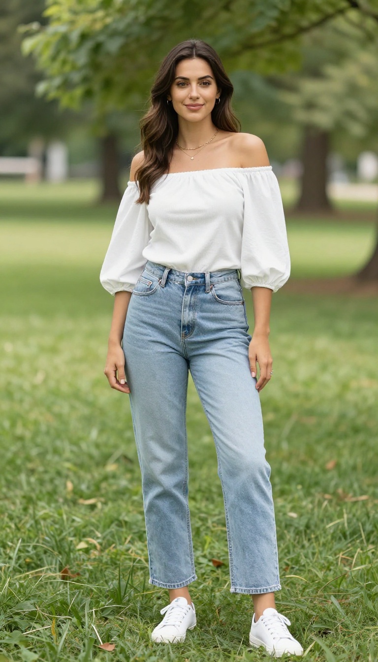 3. Off-the-Shoulder Top and High-Waisted Jeans