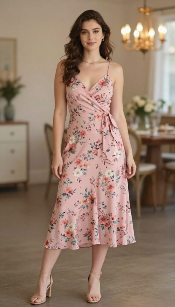 1. Blush Floral Wrap Dress with Delicate Straps