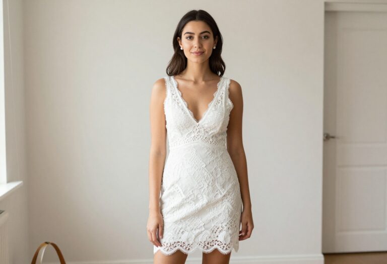 Young woman in a white lace homecoming dress, standing in a bright room, looking at the camera.