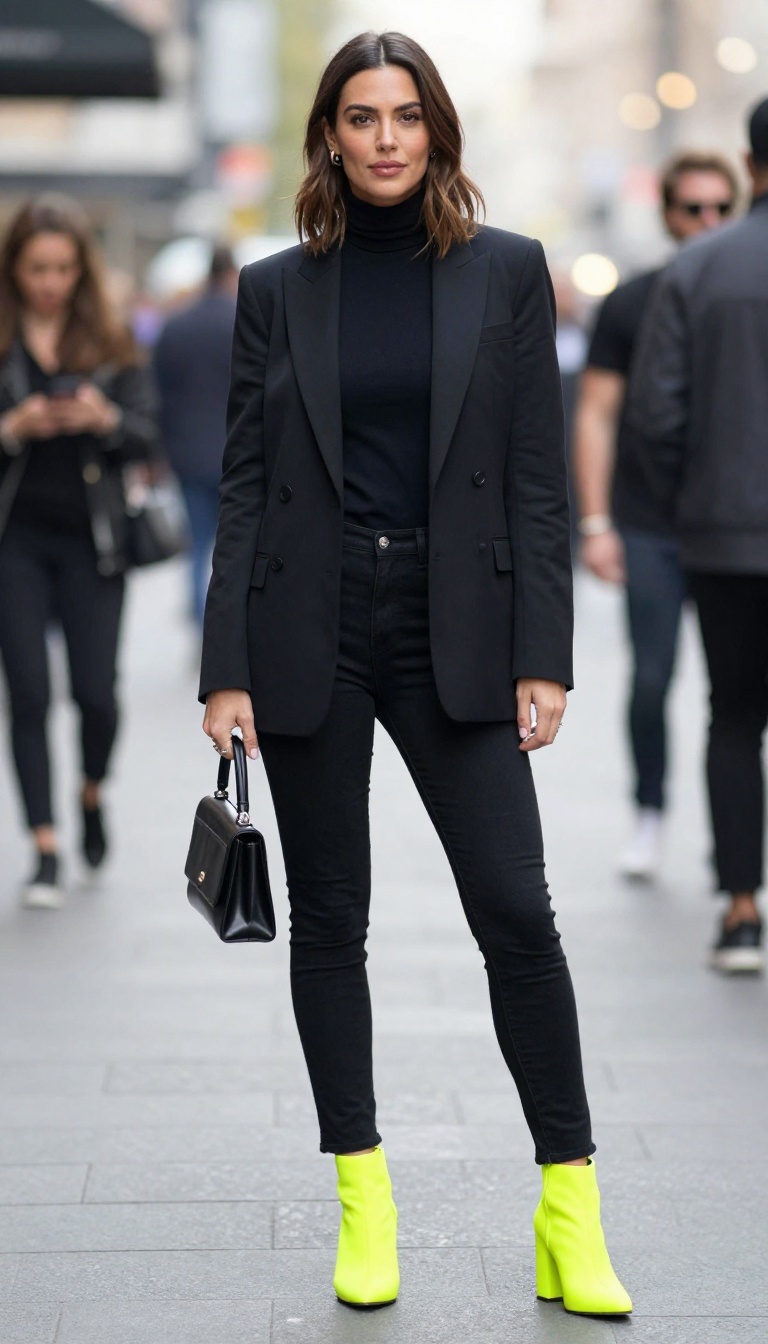 14. Neon Heels with a Monochrome Outfit