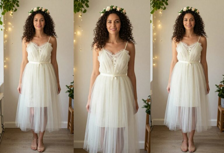 Woman with curly hair wearing a fairy costume with floral crown and tulle skirt