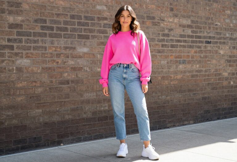 Woman wearing a neon pink sweatshirt and mom jeans in an 80s-inspired outfit