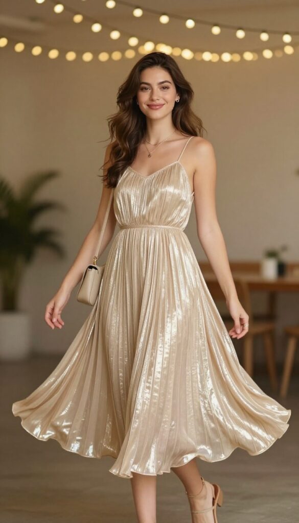 12. Metallic Pleated Dress with Thin Straps