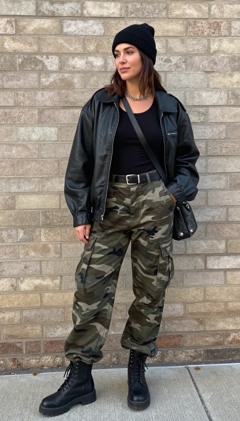 10. Camo Pants With Leather Jacket