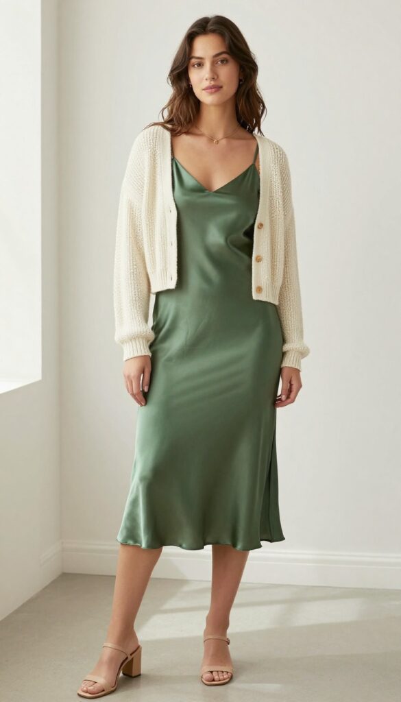 10. Moss Green Slip Dress with a Cropped Cardigan