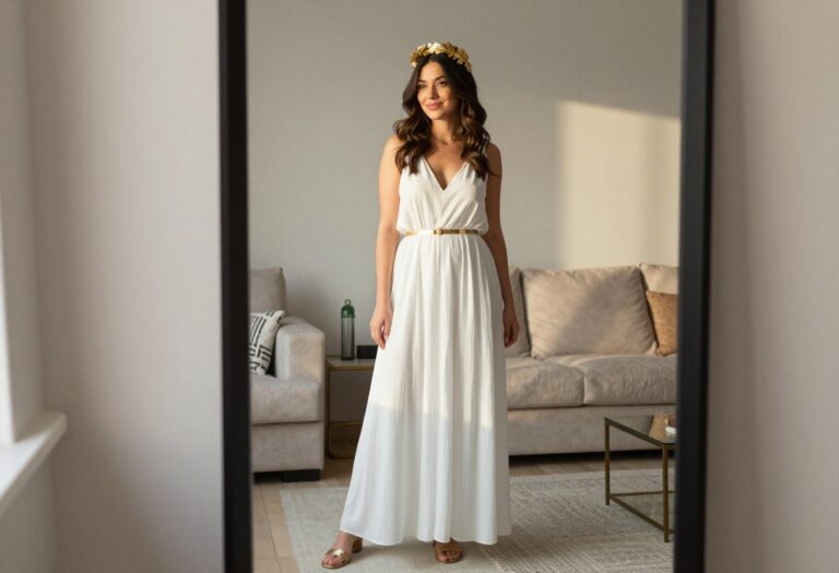 Woman wearing a white Greek goddess costume with gold belt and leaf crown in a sunlit living room