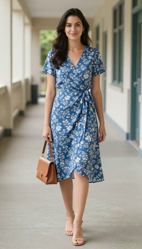 11. Blue Floral Print Dress with a Wrap Skirt