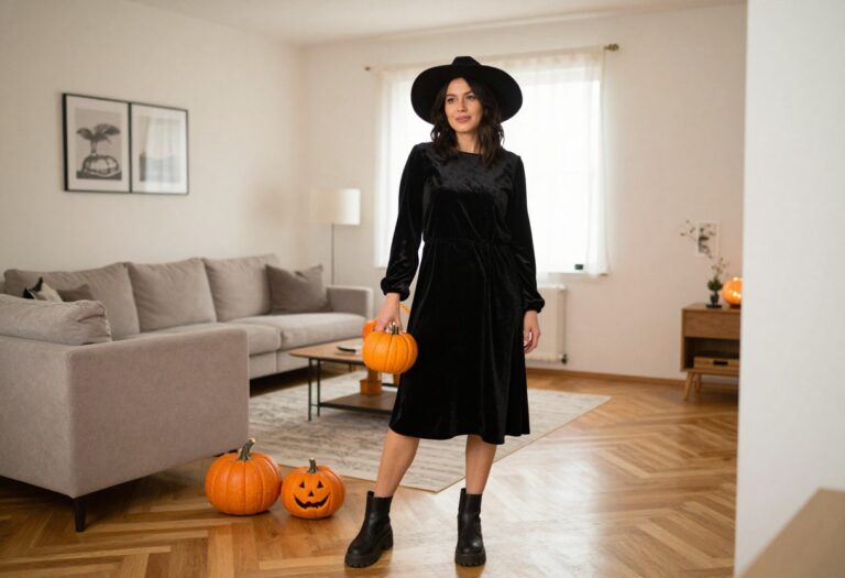 Woman with dark hair wearing a black velvet dress and wide-brim hat for Halloween