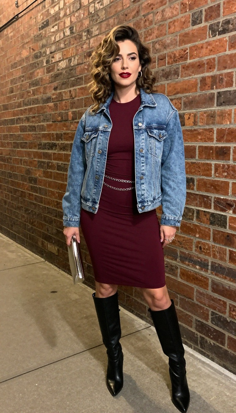 13. Acid-Wash Denim Jacket with a Bodycon Dress