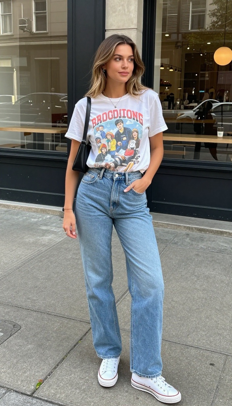 2. High-Waisted Mom Jeans and a Graphic Tee