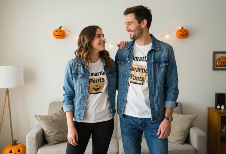 Couple in matching Halloween costumes posing for a photo in a cozy living room