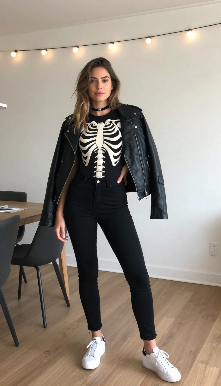 8. Skeleton in Style: Monochrome Bodysuit