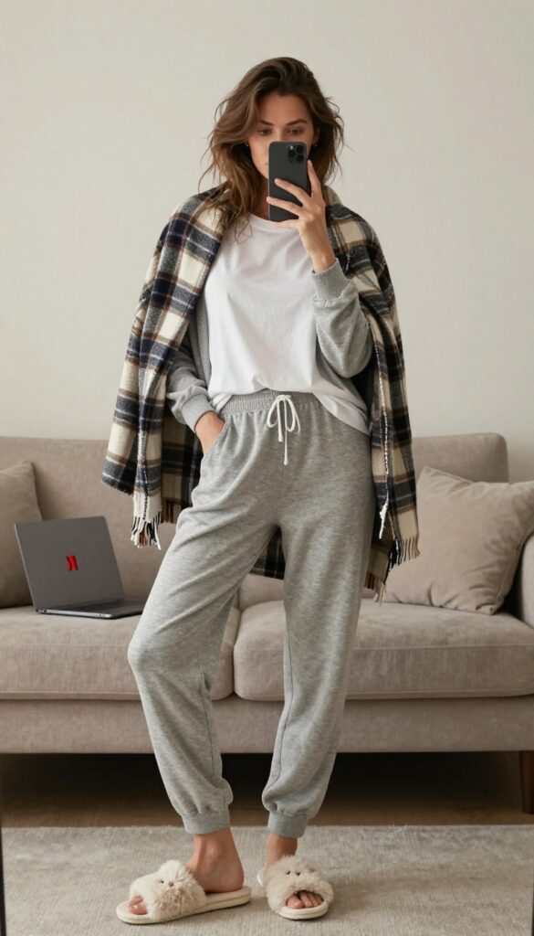 Woman in cozy flannel pajamas and draped blanket taking a mirror selfie, holding a laptop with Netflix logo and remote, Halloween costume idea.