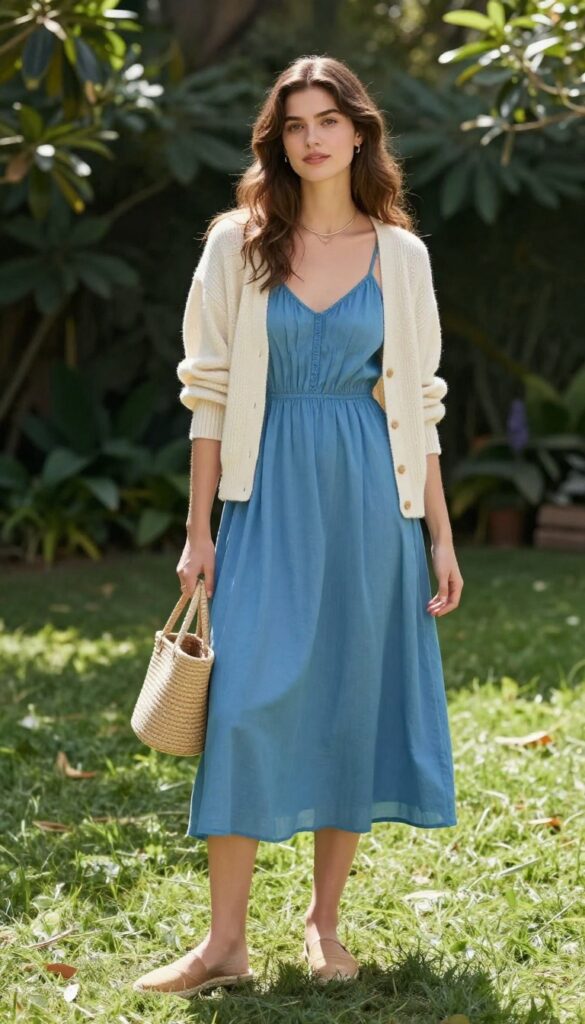 6. Teal Maxi Dress with a Knit Cardigan