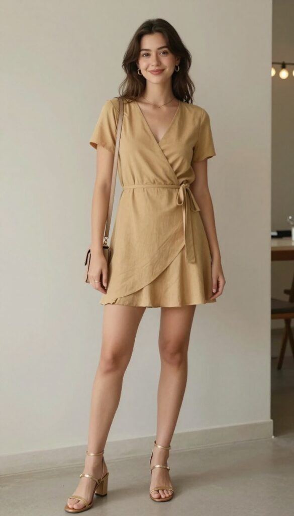 10. Wrap Dress with Metallic Sandals
