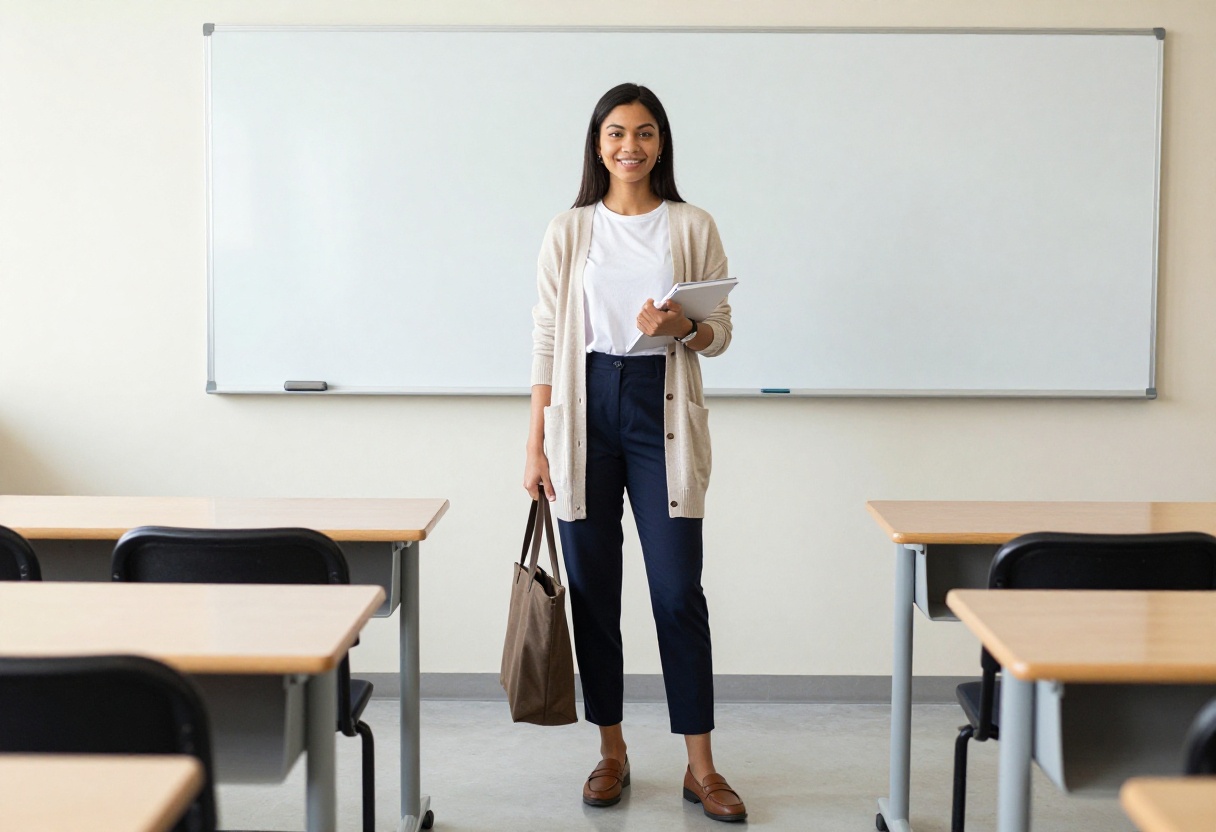 Student teacher in a beige cardigan, navy trousers, and loafers standing in a classroom