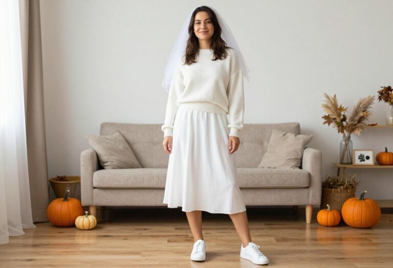 Woman in cozy ghost costume with white sweater and skirt