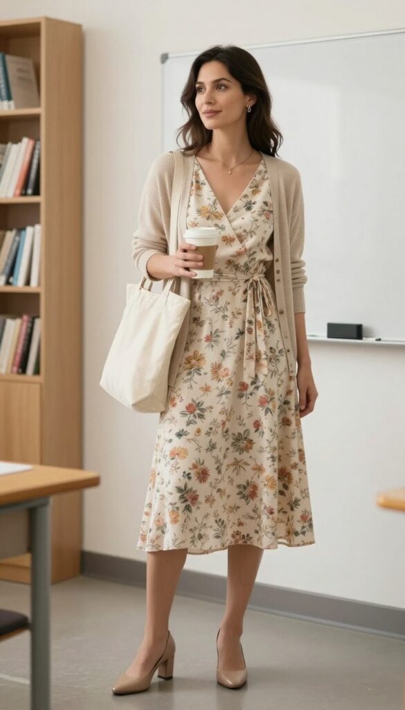 10. Wrap Dress + Cardigan + Comfortable Heels