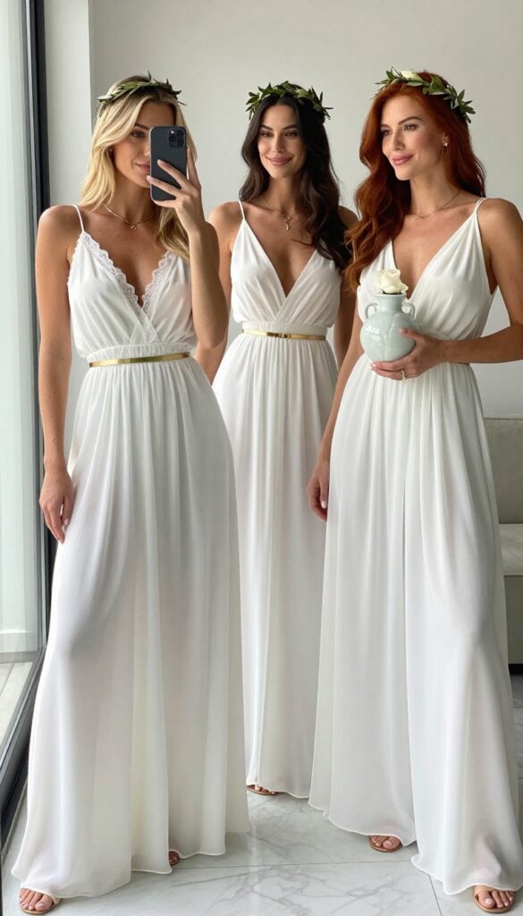 Three tall women in flowing white dresses with gold belts and leaf crowns, one holding a mirror, one a rose, one a vase, posing in a bright upscale room, one taking a mirror selfie.