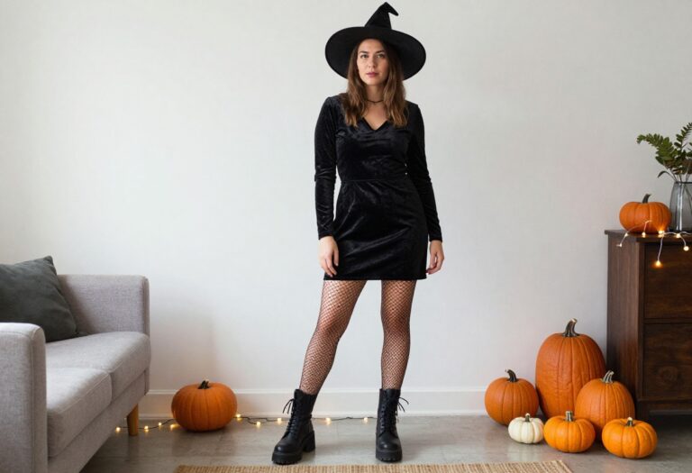 Woman wearing a modern witch costume for Halloween party
