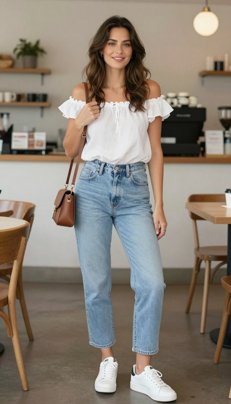 4. Off-the-Shoulder Top with High-Waisted Jeans