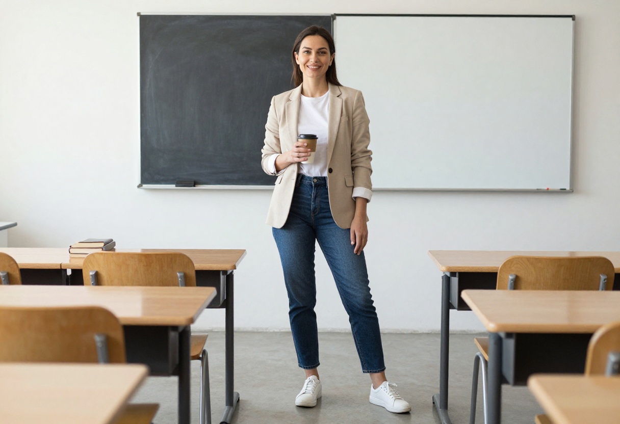 Teacher wearing a blazer, jeans, and sneakers in a classroom