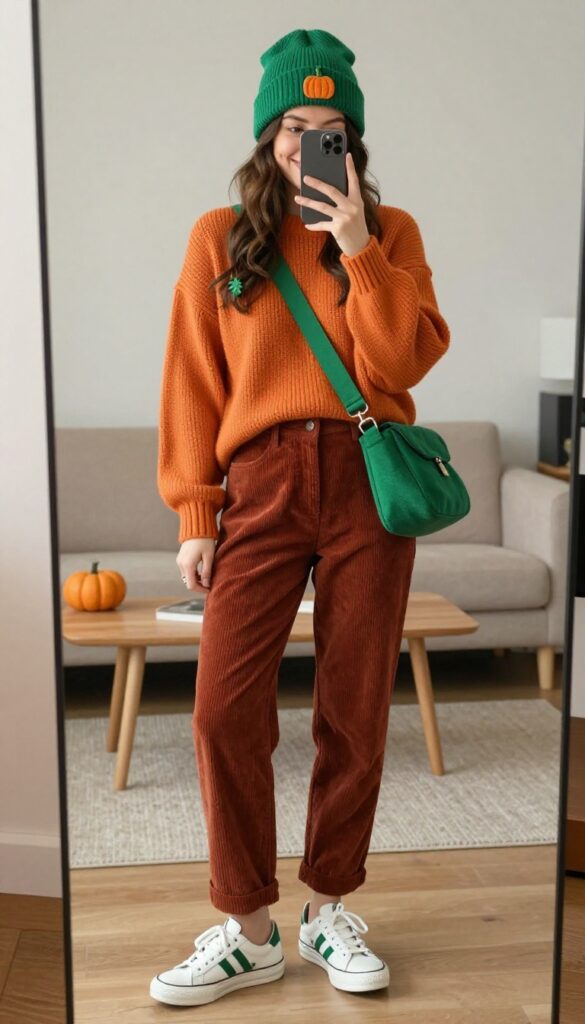 Woman in burnt orange sweater and rust corduroy pants with green beanie, taking a mirror selfie in a bright living room, styled as a pumpkin Halloween costume.