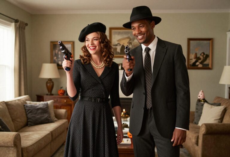 Couple dressed as Bonnie and Clyde for Halloween, laughing in a living room.