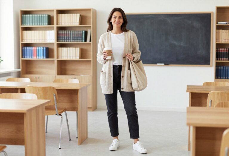Woman in casual teacher outfit with cardigan and jeans in a classroom