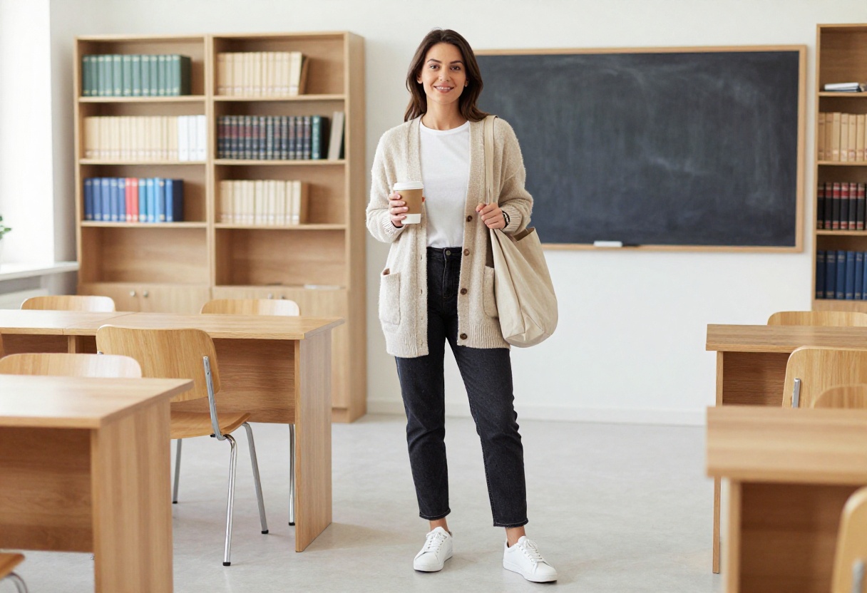 Woman in casual teacher outfit with cardigan and jeans in a classroom