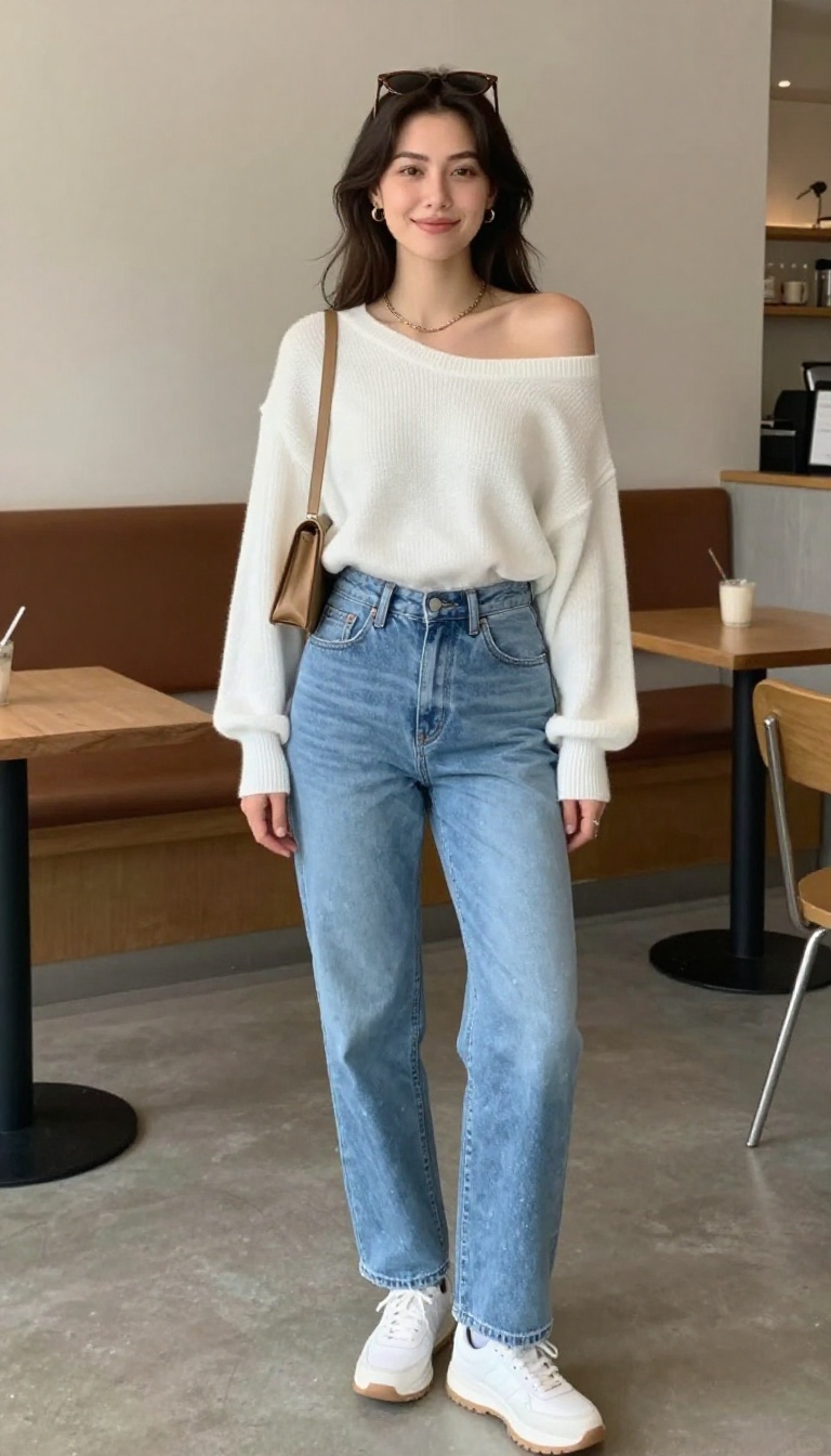 3. Off-the-Shoulder Top with High-Waisted Jeans
